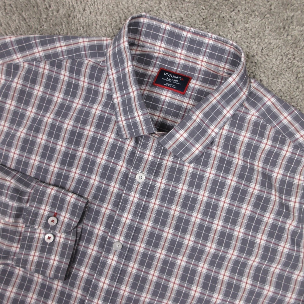 Untuckit Shirt Mens 2XL Gray Plaid Wrinkle Free Regular Fit Teleda Button Up